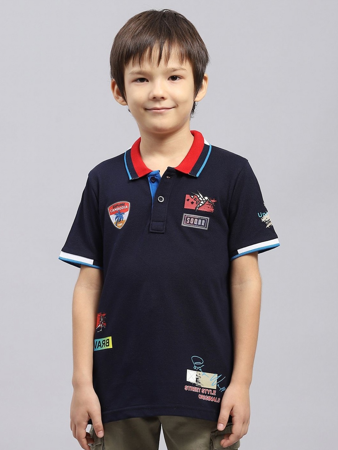 

Monte Carlo Boys Graphic Printed Polo Collar Cotton T-shirt, Navy blue