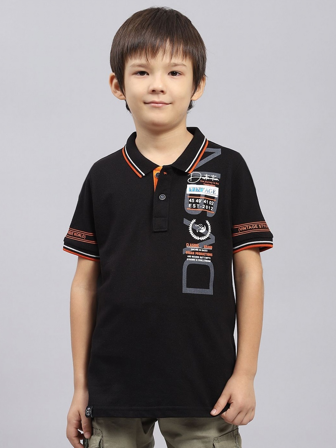 

Monte Carlo Boys Graphic Printed Polo Collar Cotton Relaxed Fit T-shirt, Black