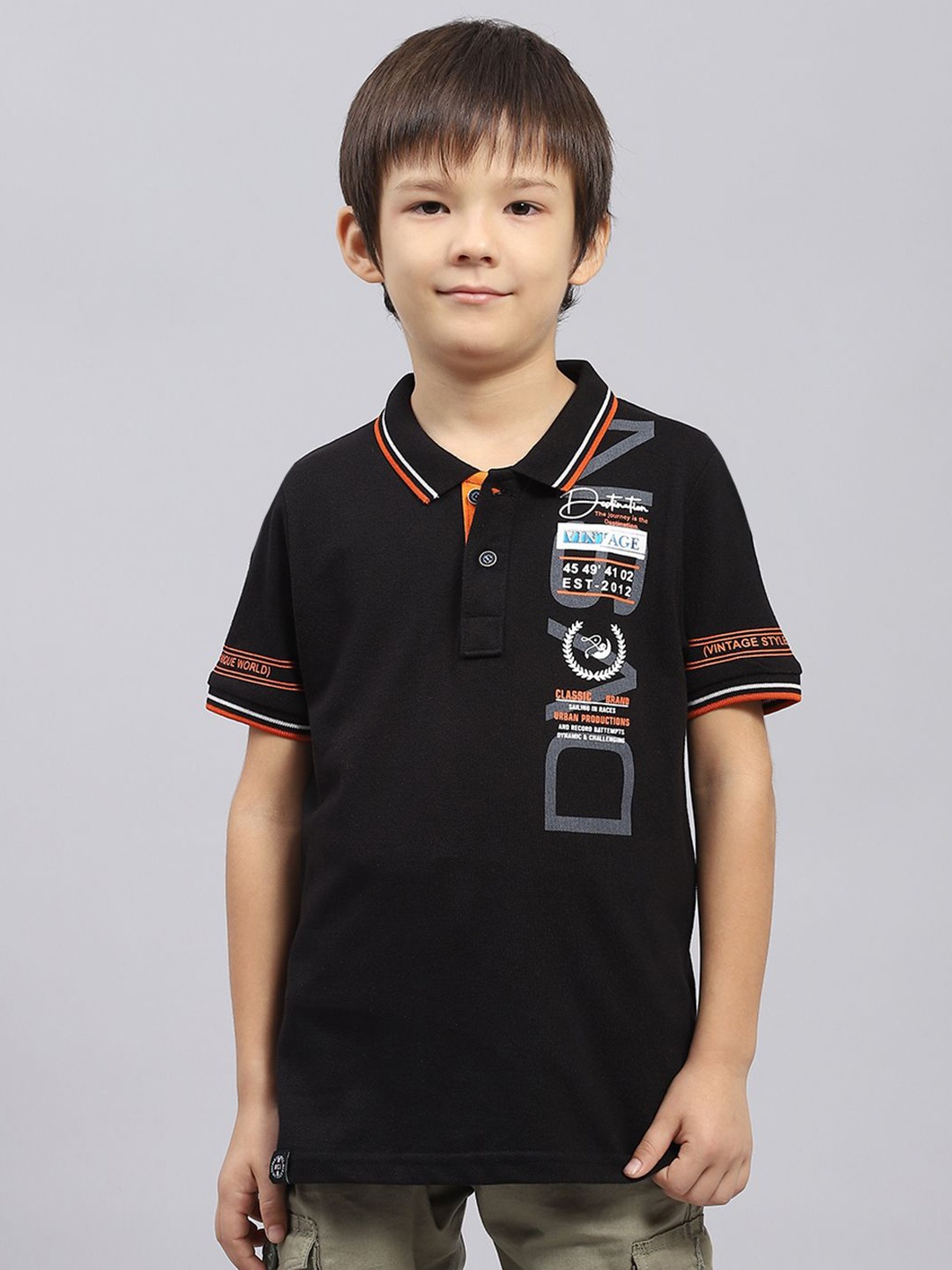 

Monte Carlo Boys Graphic Printed Polo Collar Cotton T-shirt, Black
