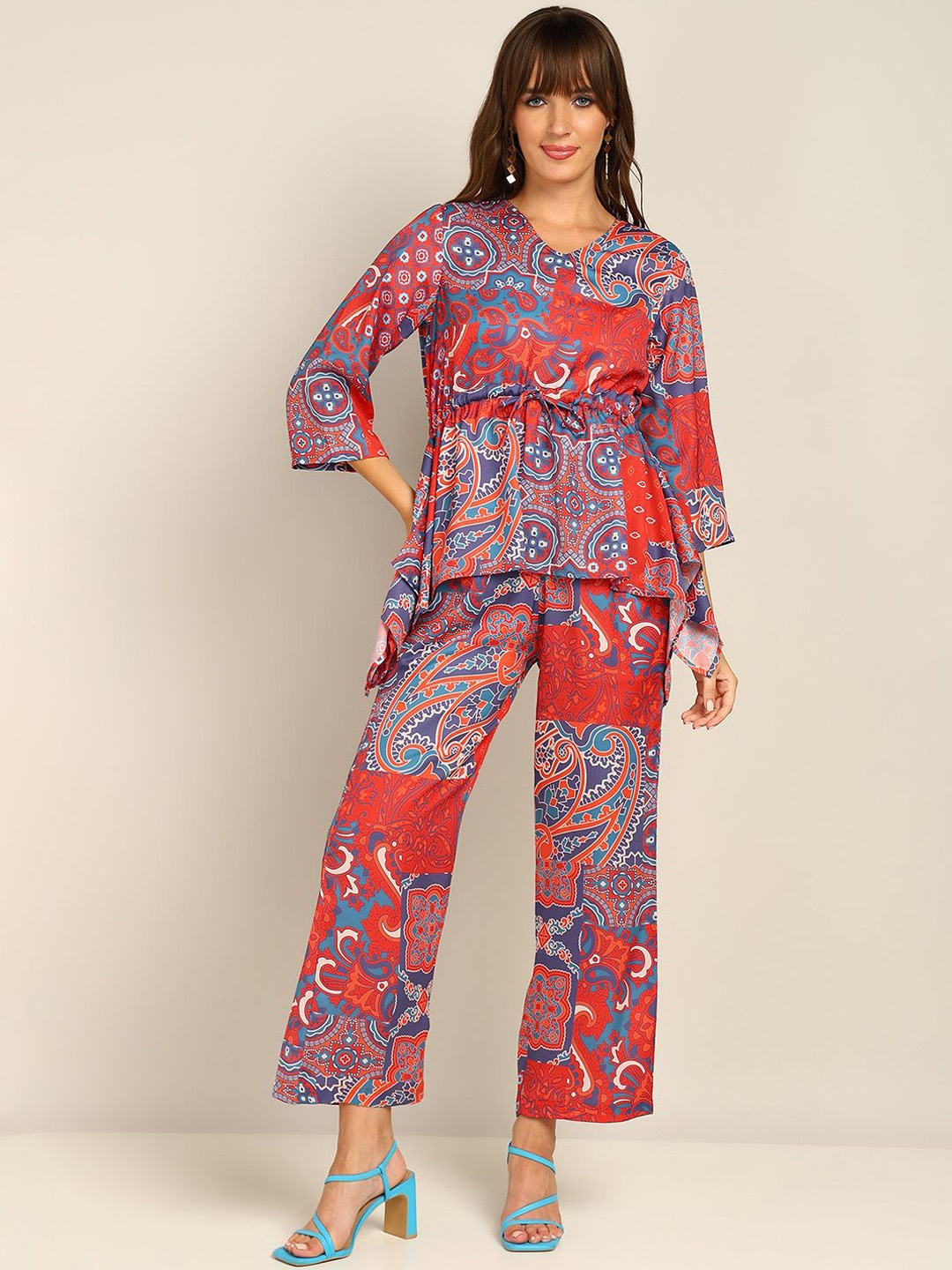 

Fashfun Printed V-Neck Top With Trousers, Red