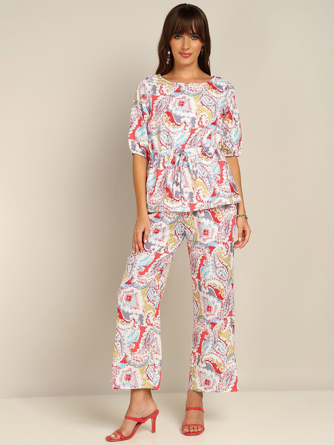 

Fashfun Boat Neck Paisely Printed Top With Trouser, White