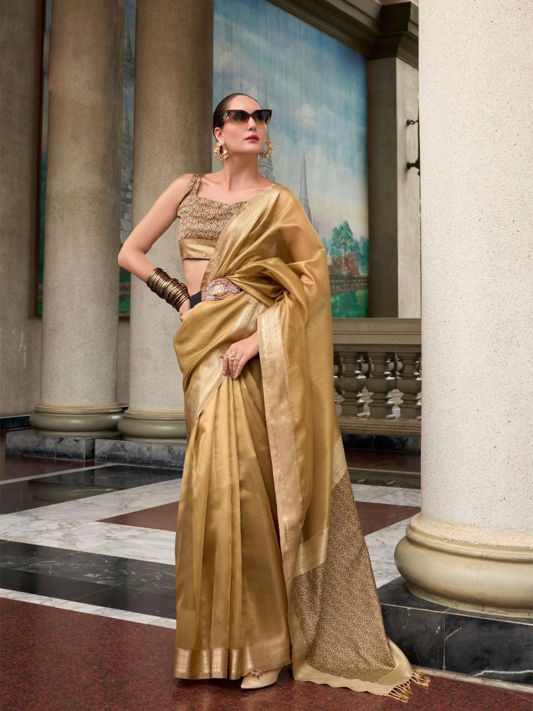 

NK Textiles Woven Design Tissue Dharmavaram Saree, Gold