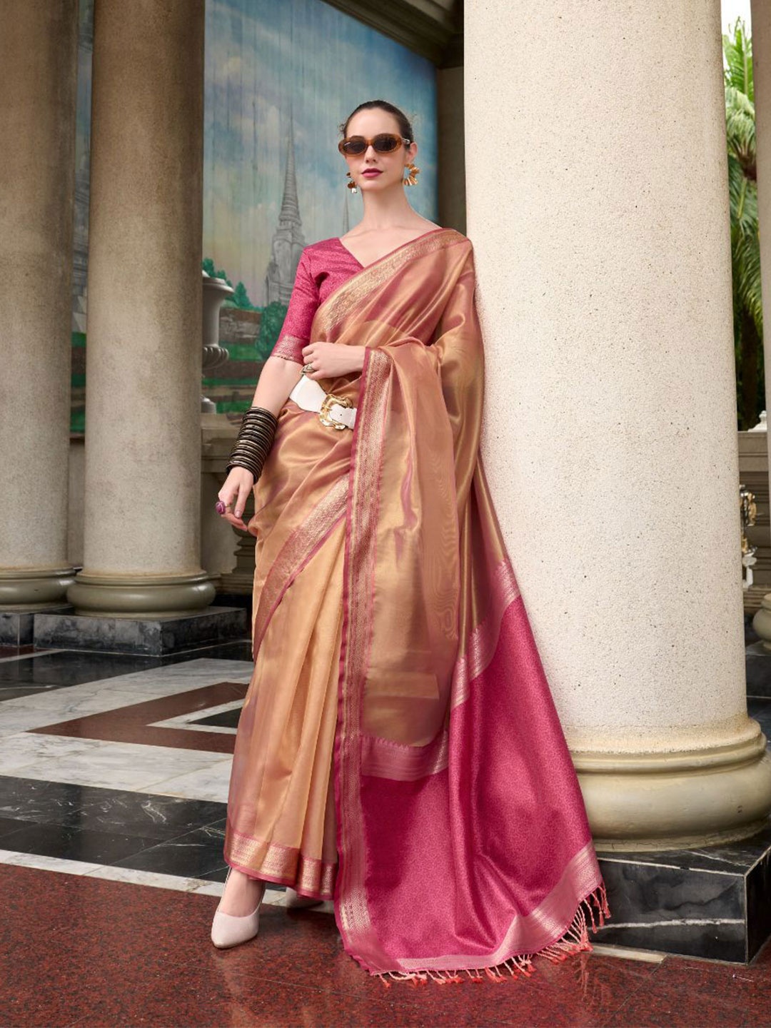 

NK Textiles Woven Design Zari Dharmavaram Saree, Nude