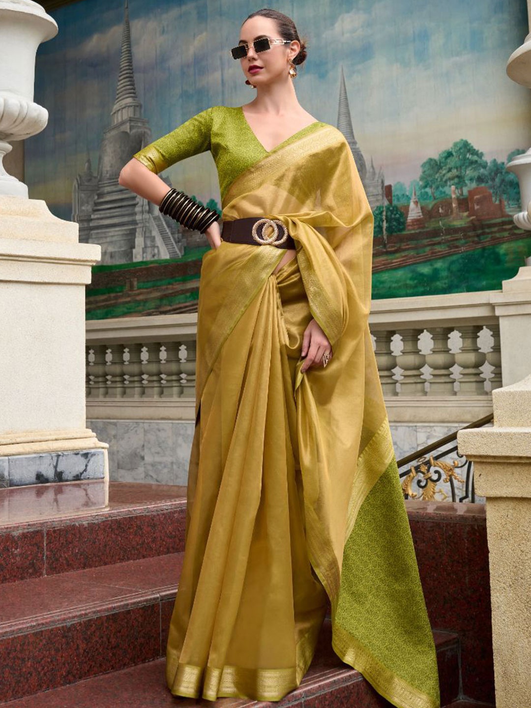 

NK Textiles Woven Design Zari Tissue Dharmavaram Saree, Yellow