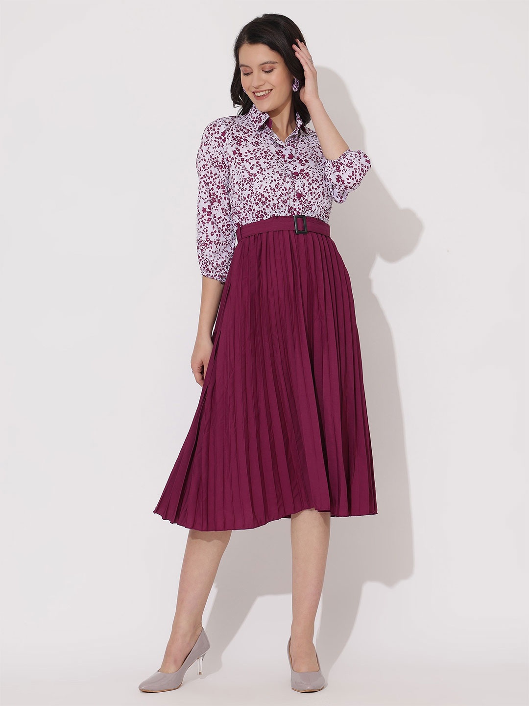 

Femvy Women Printed Shirt Collar Fit & Flare Dress, Magenta
