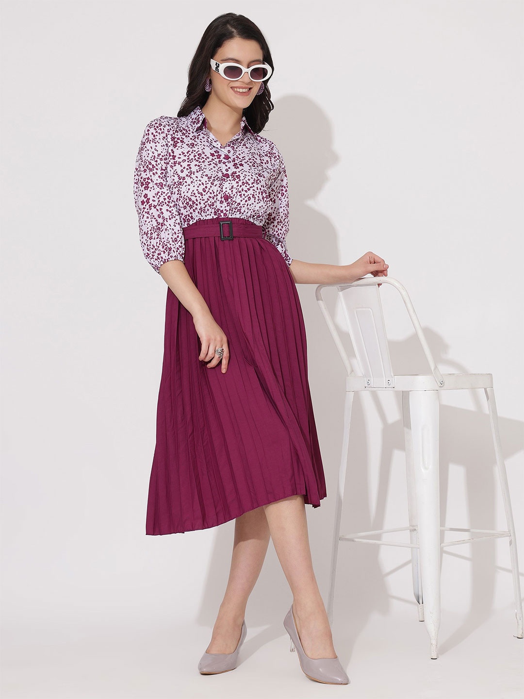 

Femvy Women Printed Fit & Flare Dress, Magenta