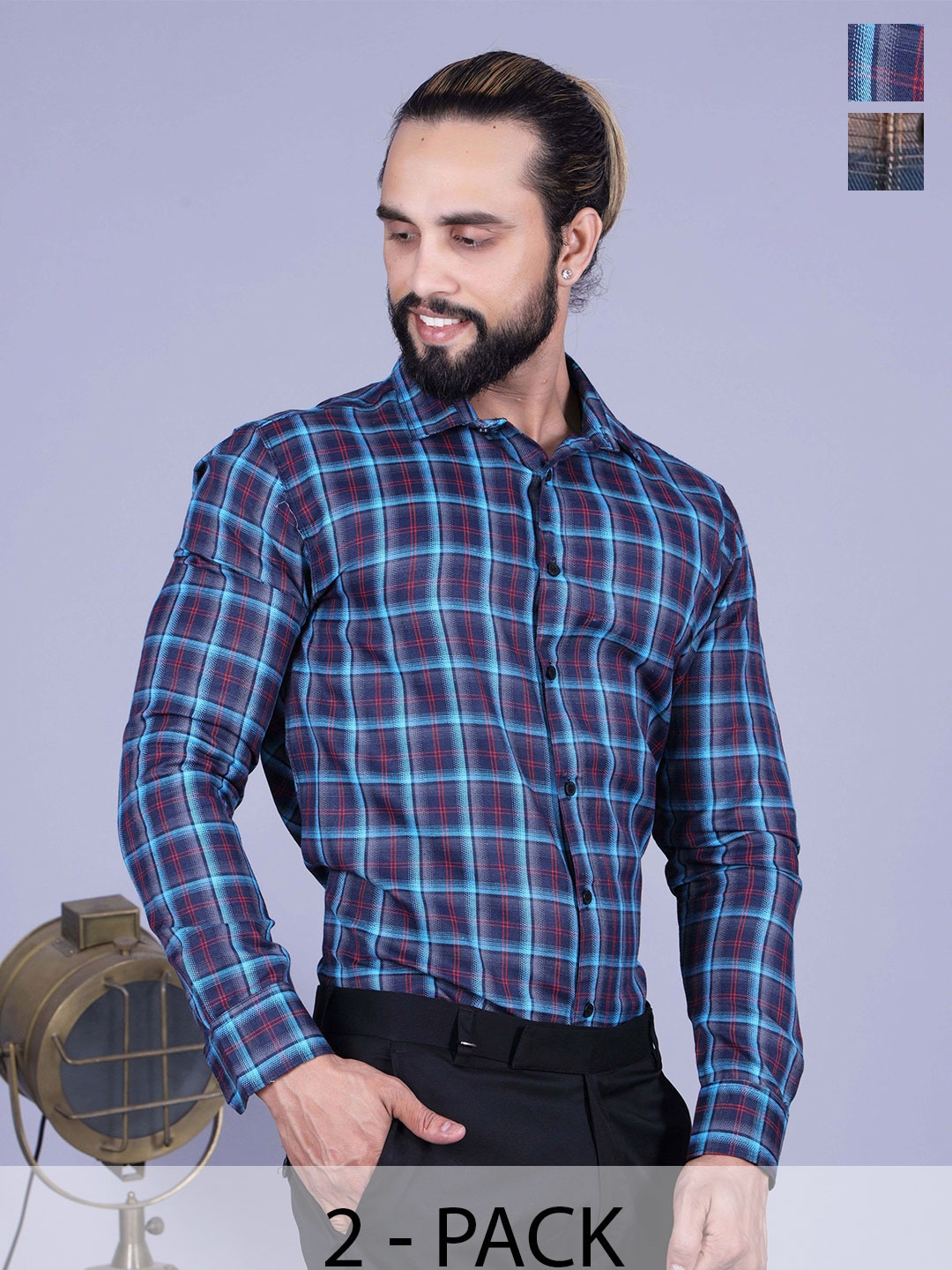 

Tanip Men Pack Of 2 Spread Collar Tartan Checked Cotton Casual Shirts, Navy blue