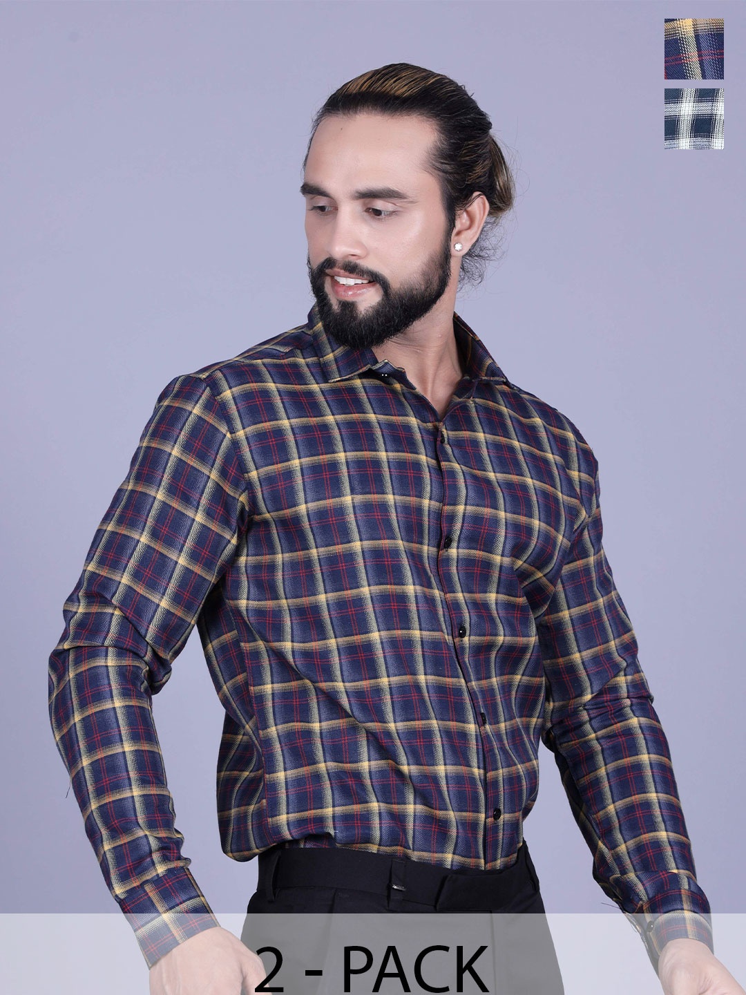

Tanip Men Pack Of 2 Speread Collar Checked Cotton Casual Shirts, Yellow