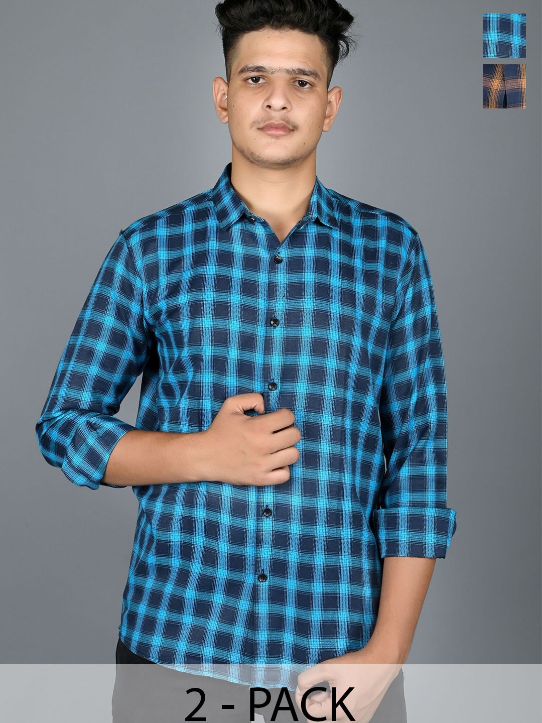 

Tanip Men Pack Of 2 Speread Collar Checked Cotton Casual Shirts, Blue