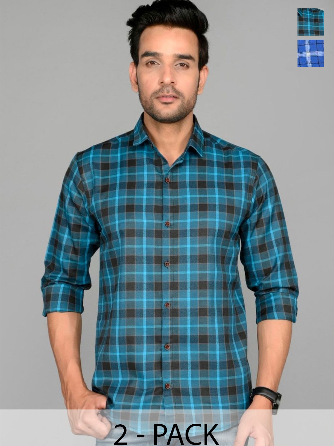 

Tanip Men Pack Of 2 Spread Collar Tartan Checked Cotton Casual Shirts, Blue