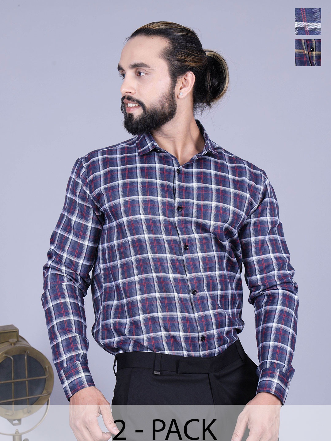 

Tanip Men Pack Of 2 Spread Collar Checked Cotton Casual Shirts, Navy blue
