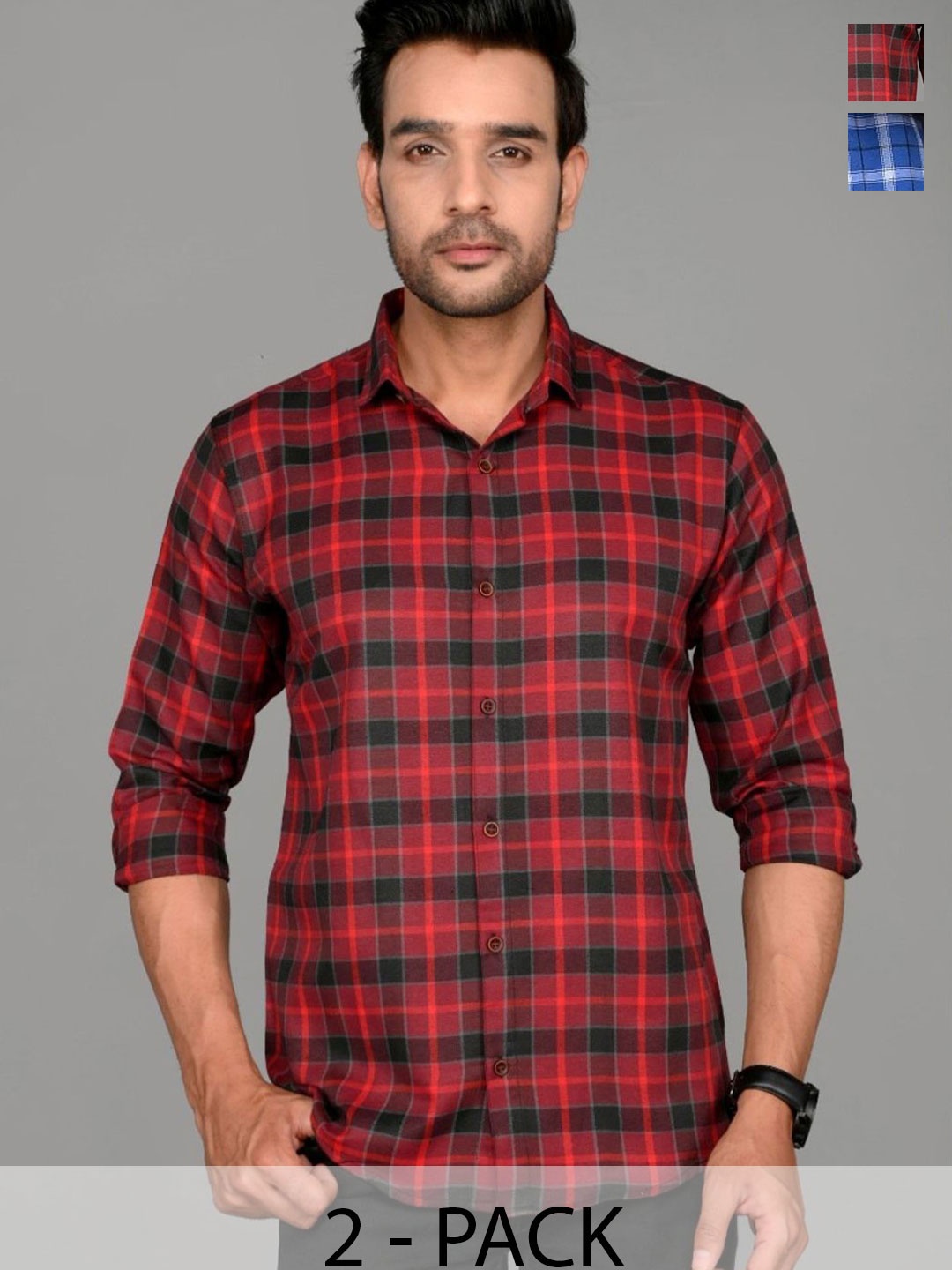

Tanip Men Pack Of 2 Spread Collar Checked Cotton Casual Shirts, Blue
