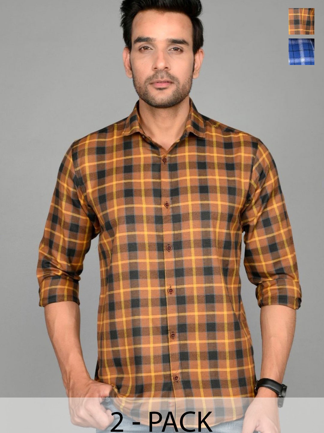

Tanip Men Pack Of 2 Spread Collar Checked Cotton Casual Shirts, Blue