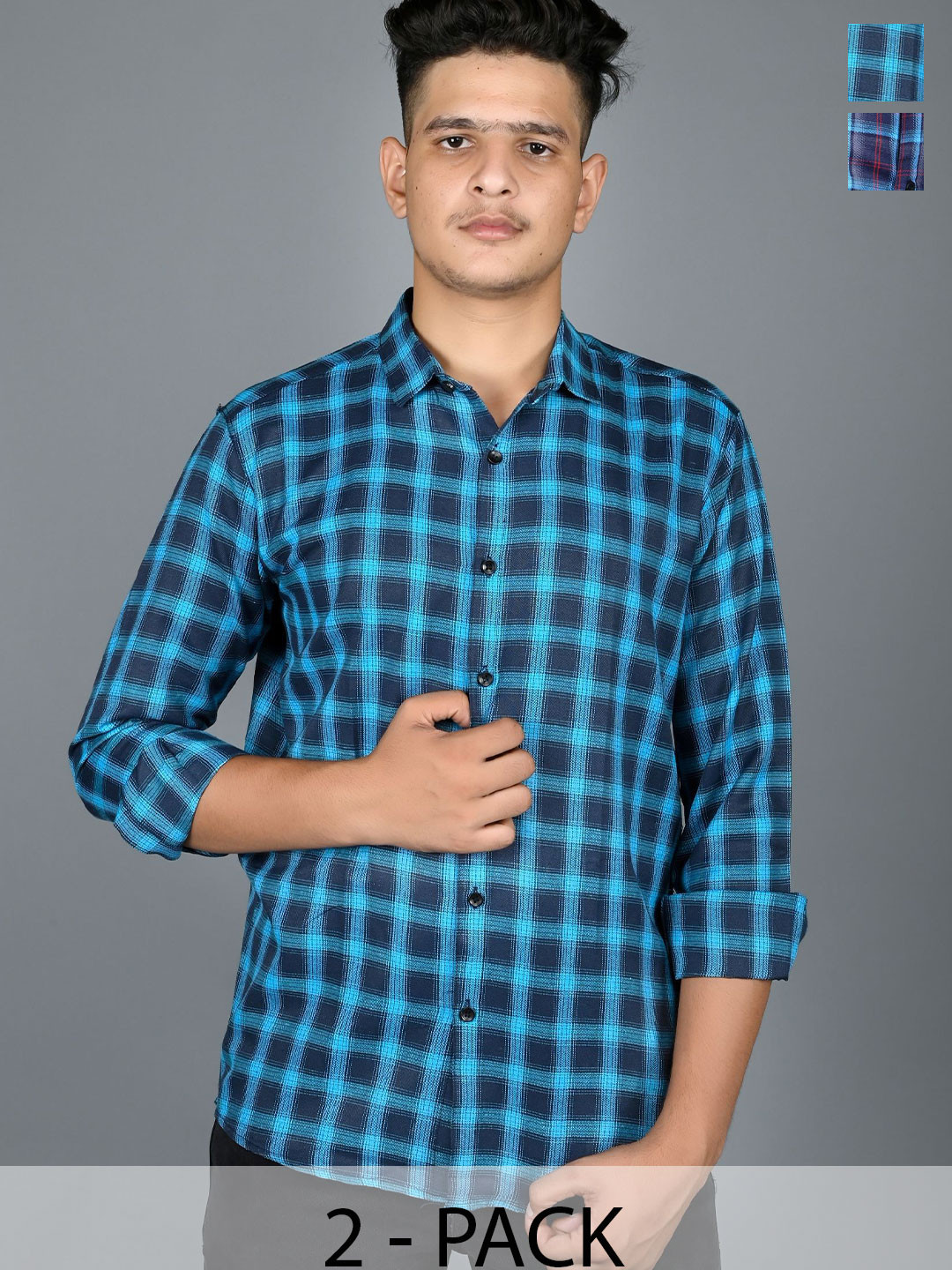 

Tanip Men Pack Of 2 Spread Collar Checked Cotton Casual Shirts, Blue