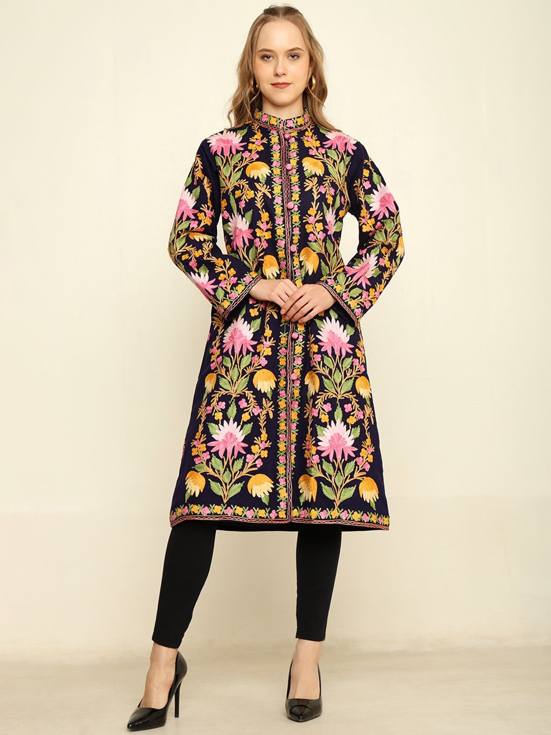 

CRAFTBAZAR Women Mandarin Collar Floral Embroidered Casual Tailored Jacket, Black