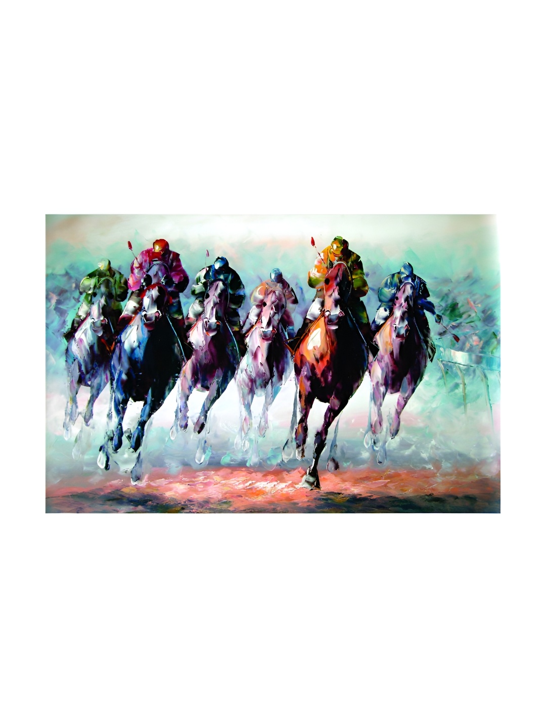 

Inephos Blue & Brown Canvas Horse Racing Painting Unframed Wall Art