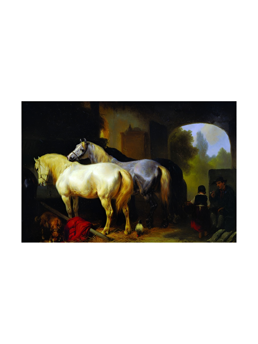 

Inephos Beige & Blue Canvas Horses Stable Painting Unframed Wall Art