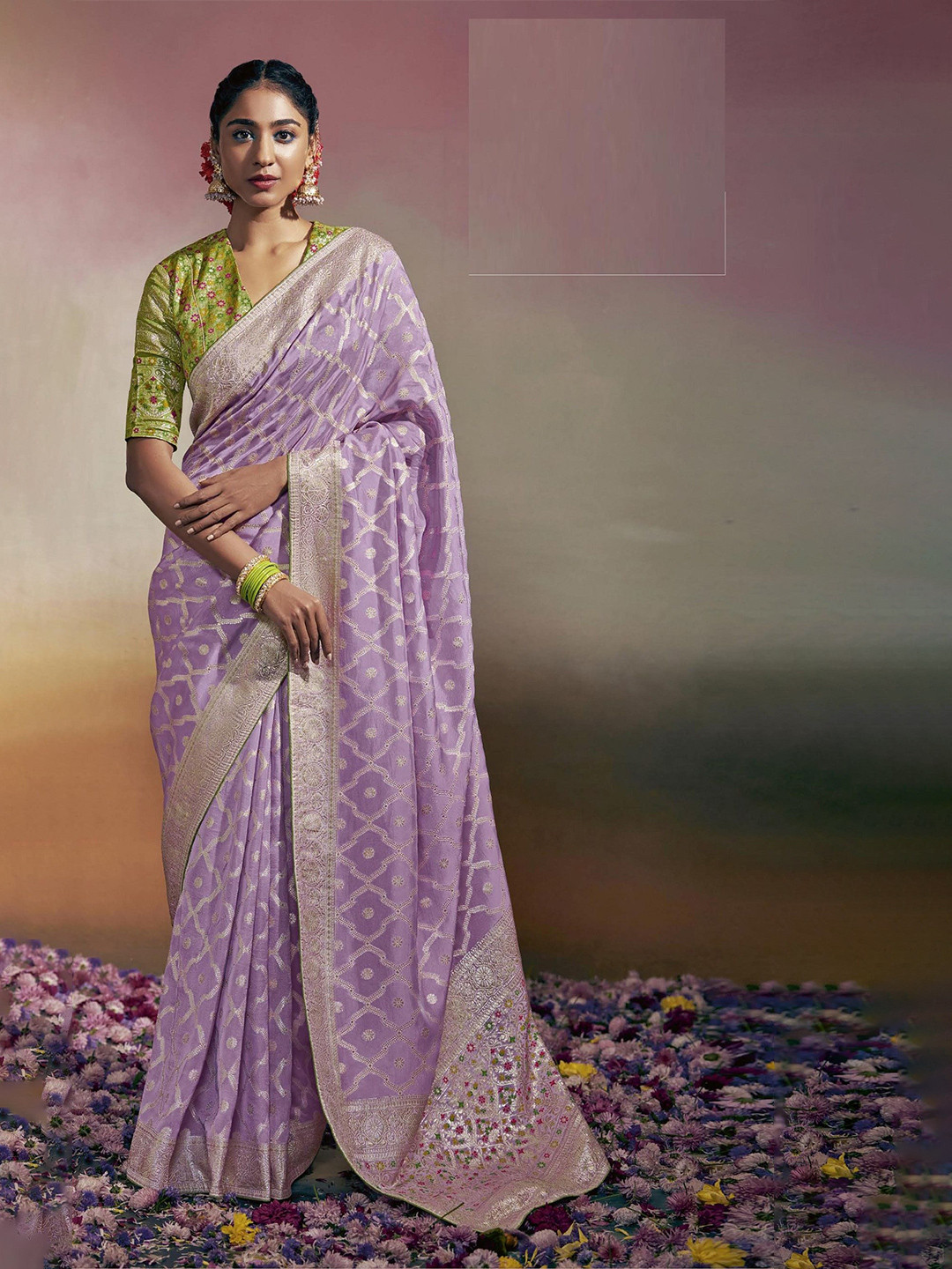 

MAHALASA Ethnic Motifs Zari Pure Silk Banarasi Saree, Lavender