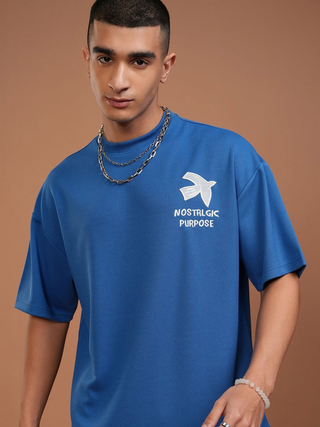 

HIGHLANDER Men Round Neck Half Sleeve Oversized Embroidered T-Shirt with Embroidery, Blue