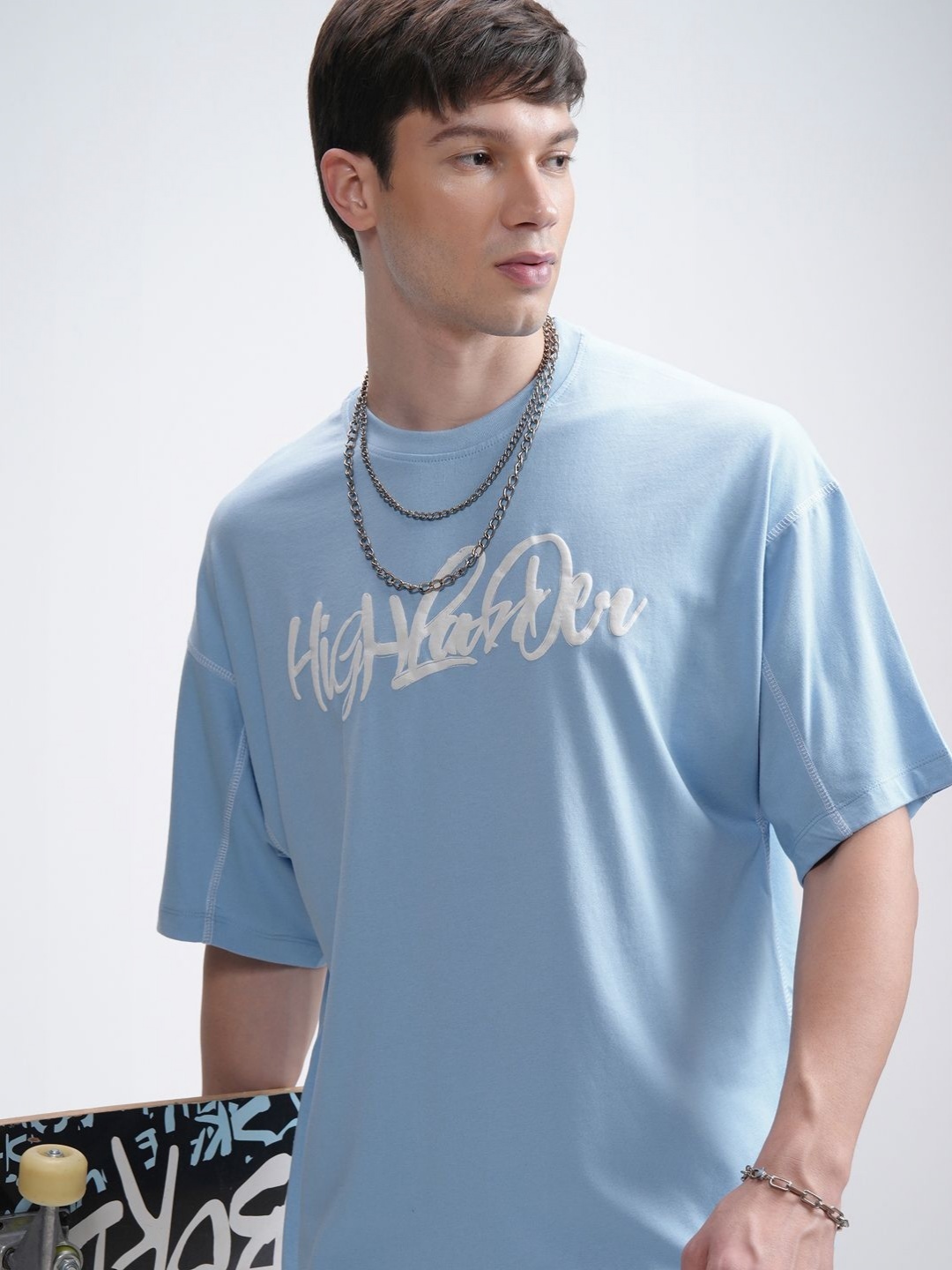 

HIGHLANDER Men Round Neck Half Sleeve Cut and Sew Oversized Embellished T- Shirt, Turquoise blue