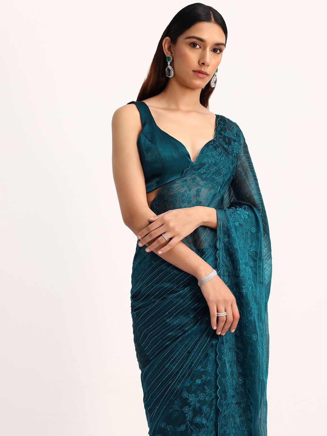

KALKI Fashion Floral Sequinned Tissue Saree, Teal