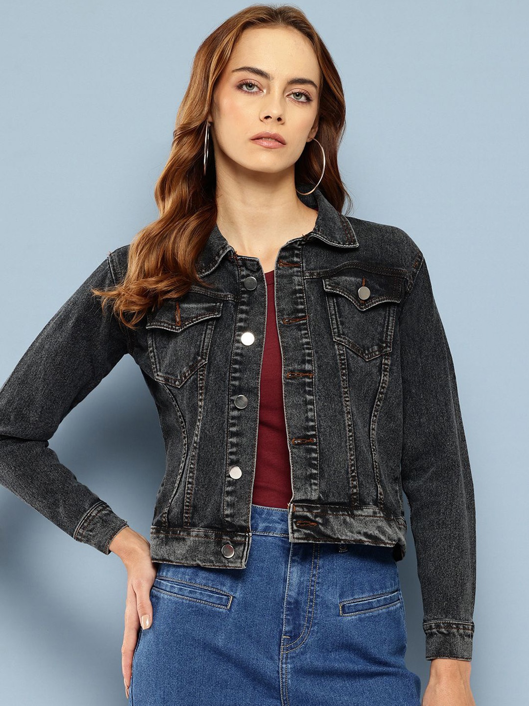 

The Roadster Lifestyle Co. Women Spread Collar Washed Self Design Casual Denim Jacket, Charcoal