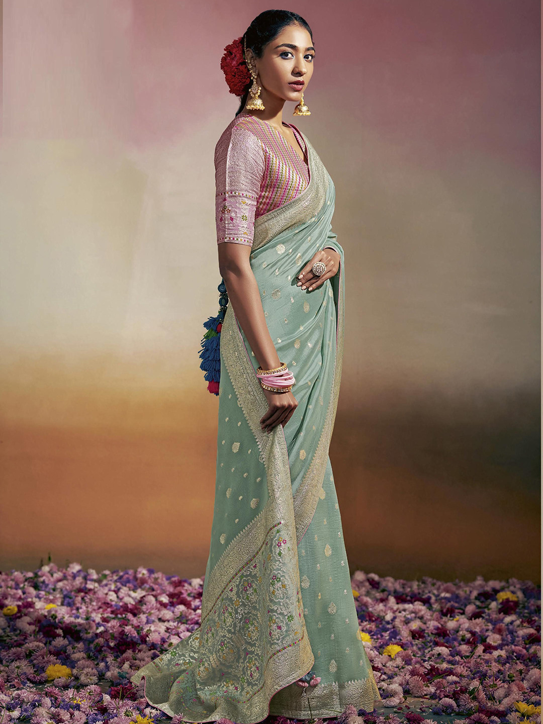 

MAHALASA Woven Design Zari Pure Silk Banarasi Saree, Sea green