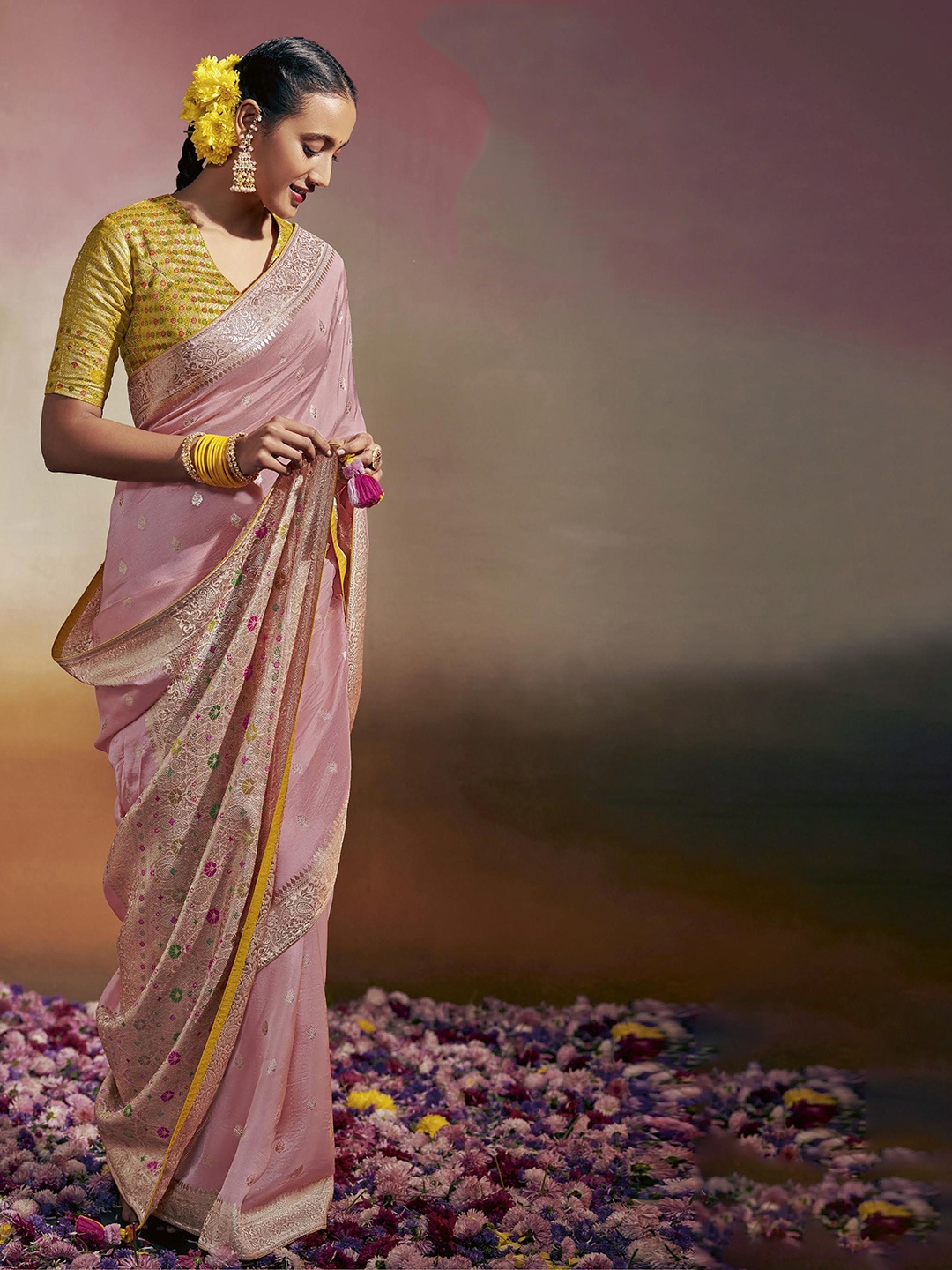 

MAHALASA Woven Design Zari Pure Silk Banarasi Saree, Pink