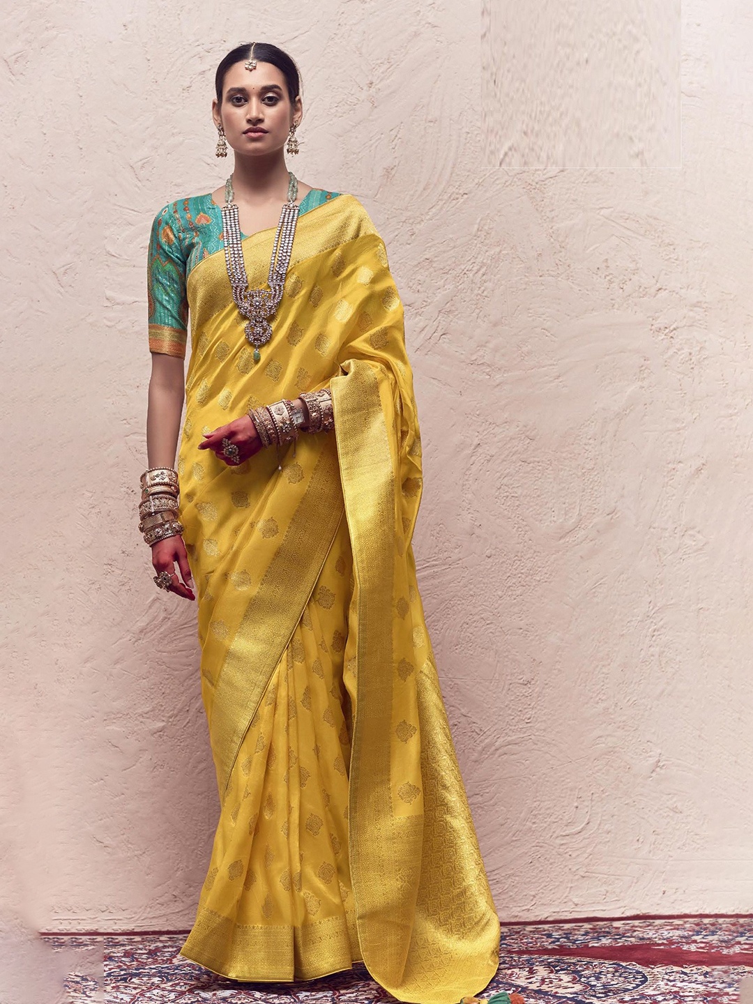 

MAHALASA Woven Design Zari Pure Silk Banarasi Saree, Yellow