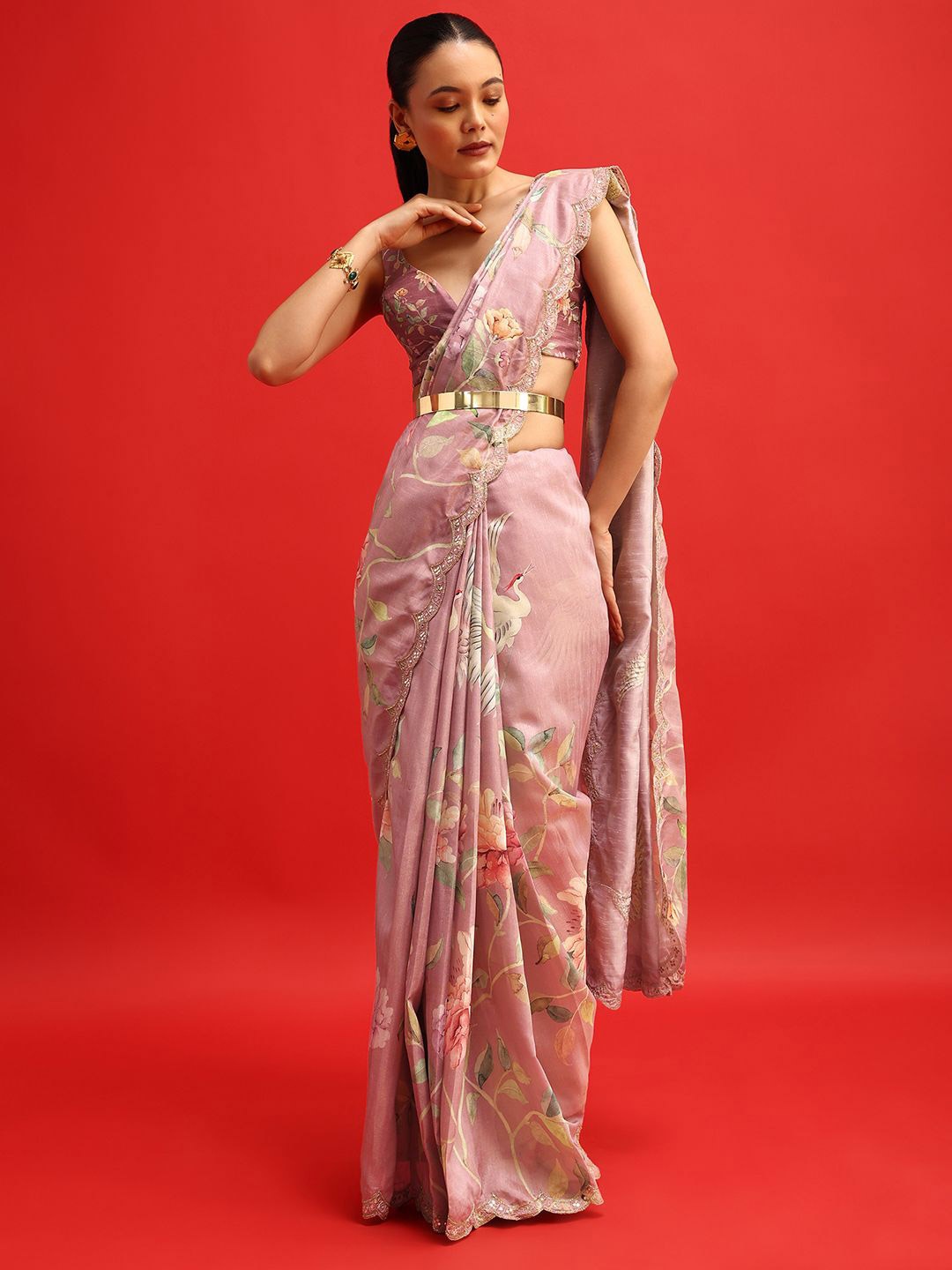 KALKI Fashion Floral Printed Mirror Work Tissue Saree, Pink