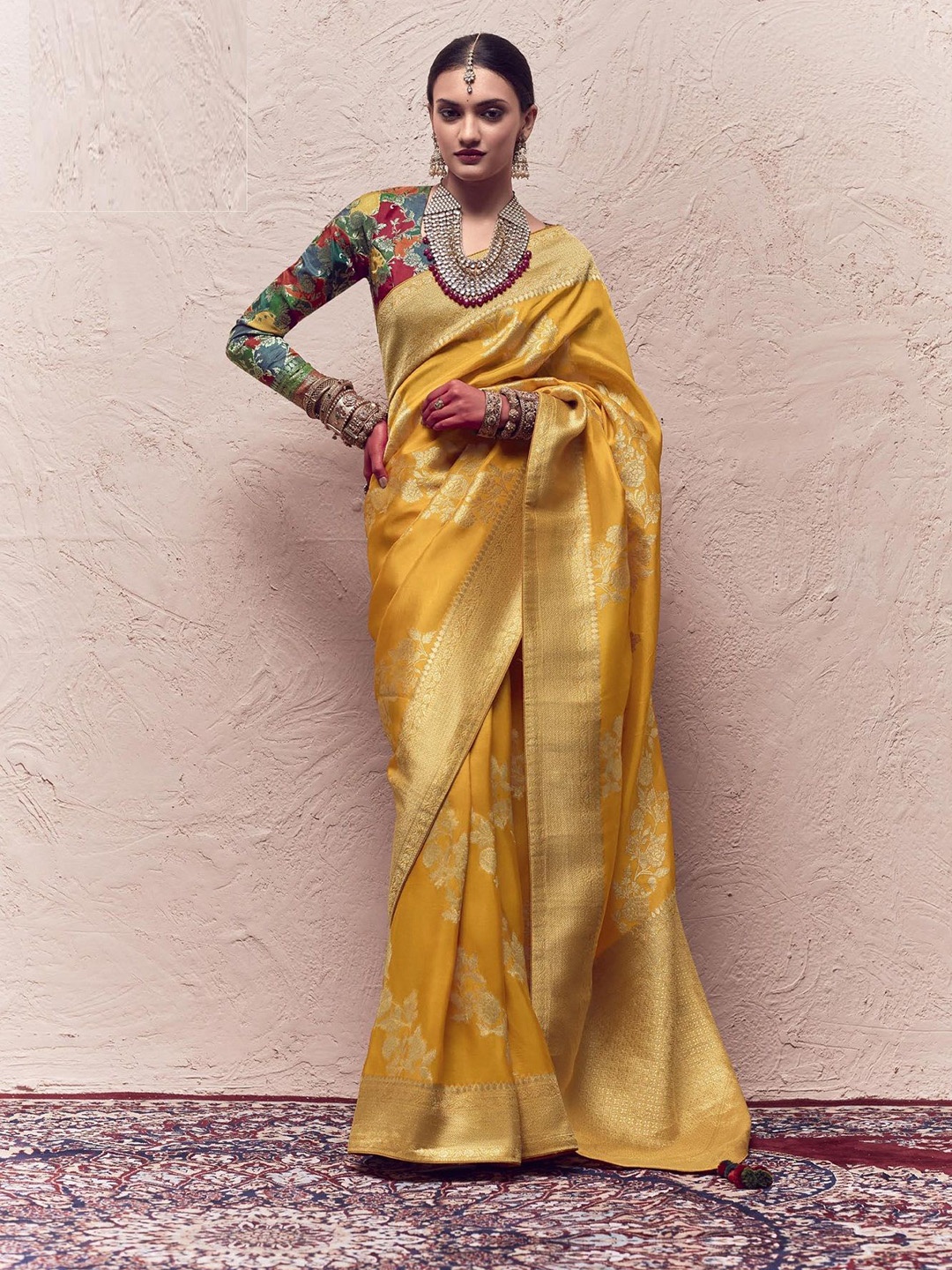 

MAHALASA Floral Woven Design Zari Pure Silk Banarasi Saree, Yellow