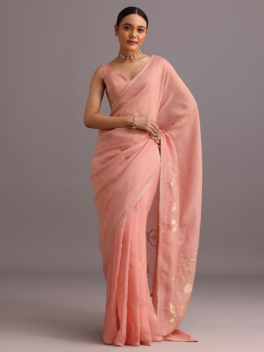 

KALKI Fashion Woven Design Striped Zari Saree, Peach