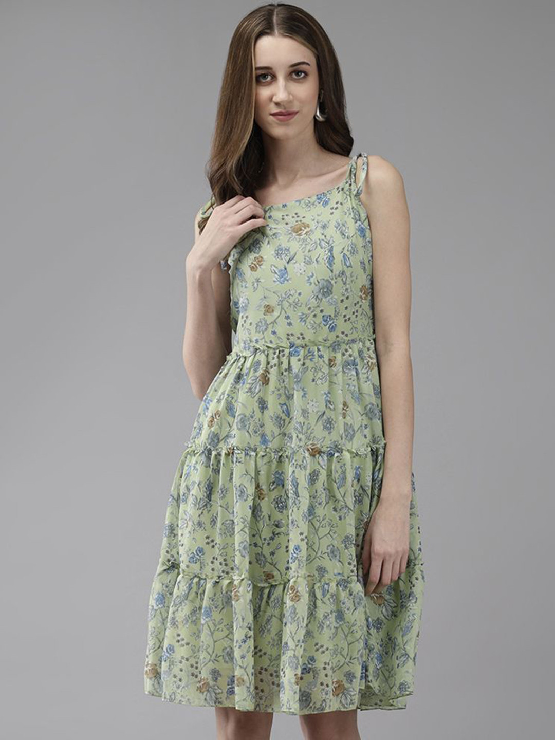 

The Roadster Lifestyle Co Floral Printed Shoulder Straps Fit & Flared Dress, Green
