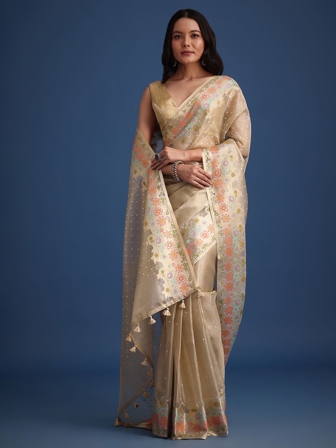 

KALKI Fashion Floral Mirror Work Tissue Saree, Gold