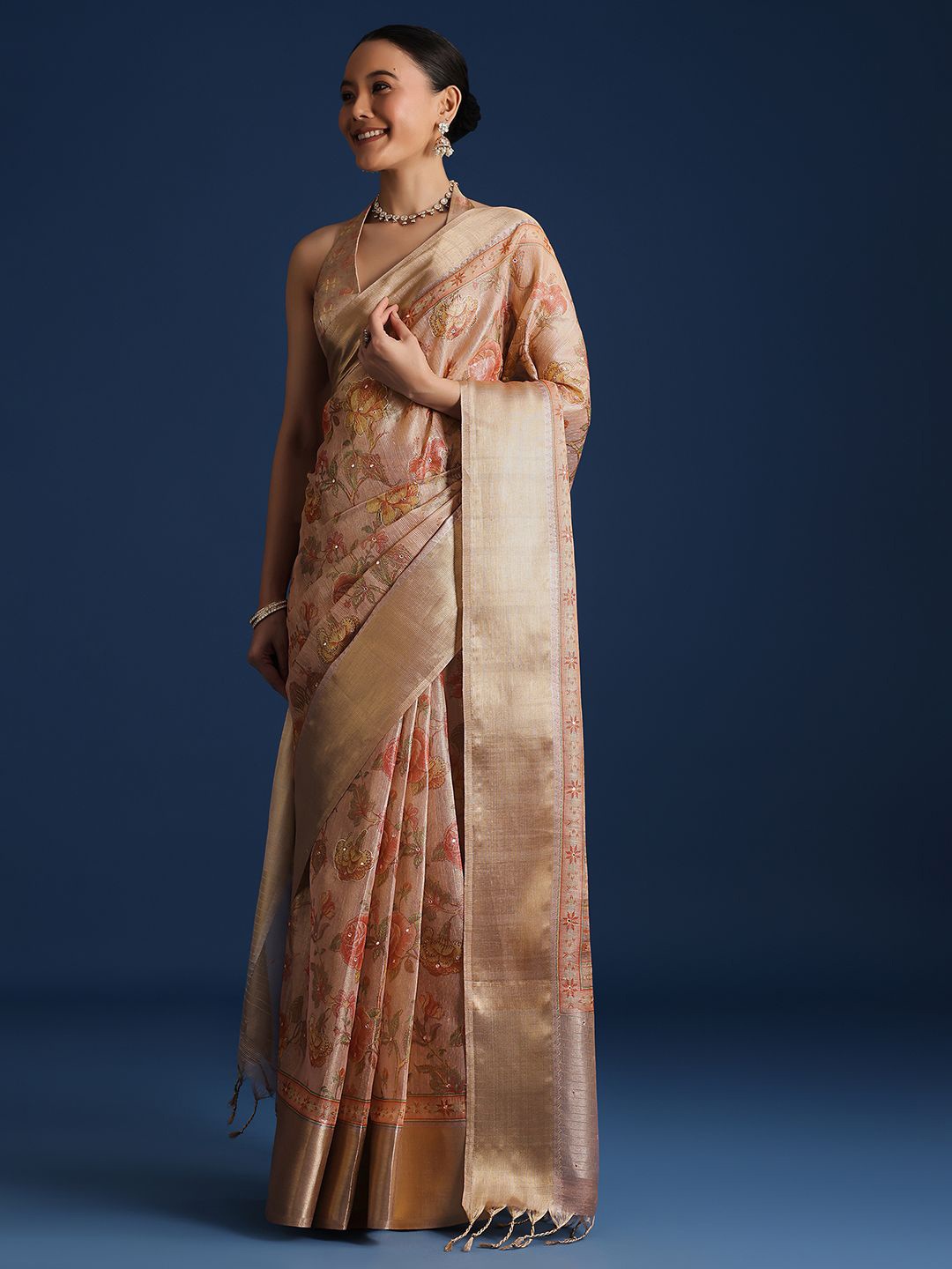 

KALKI Fashion Floral Printed Zari Tissue Saree With Mirror Work, Pink