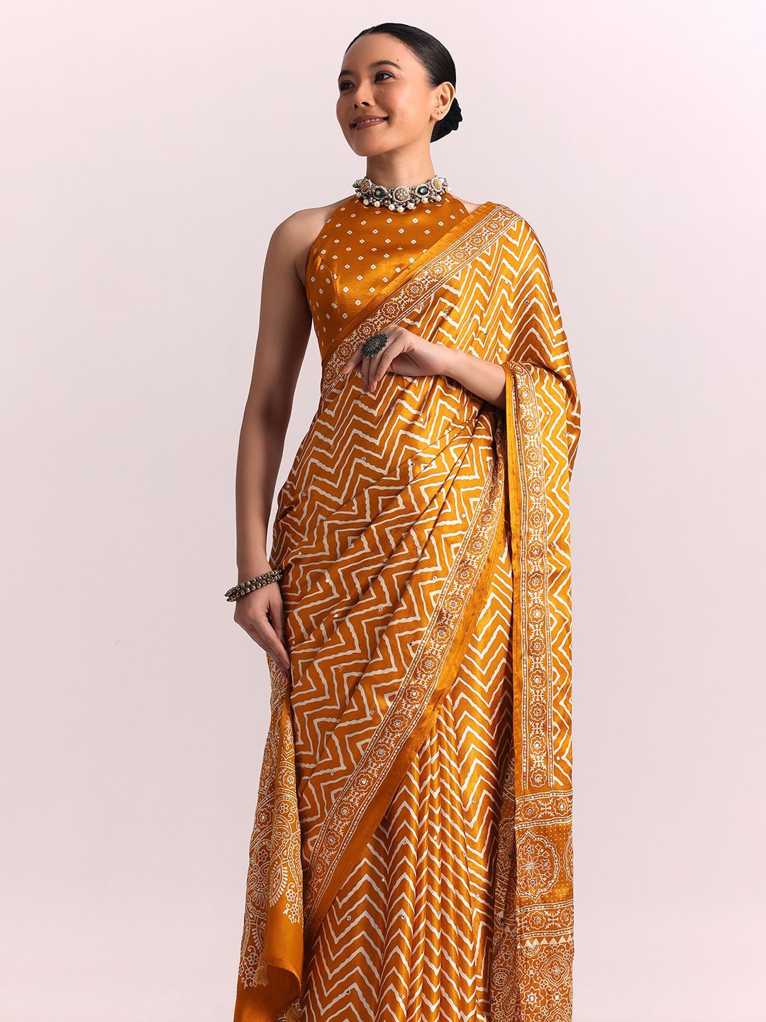 

KALKI Fashion Ajrak Block Printed Mirror Work Satin Saree, Mustard