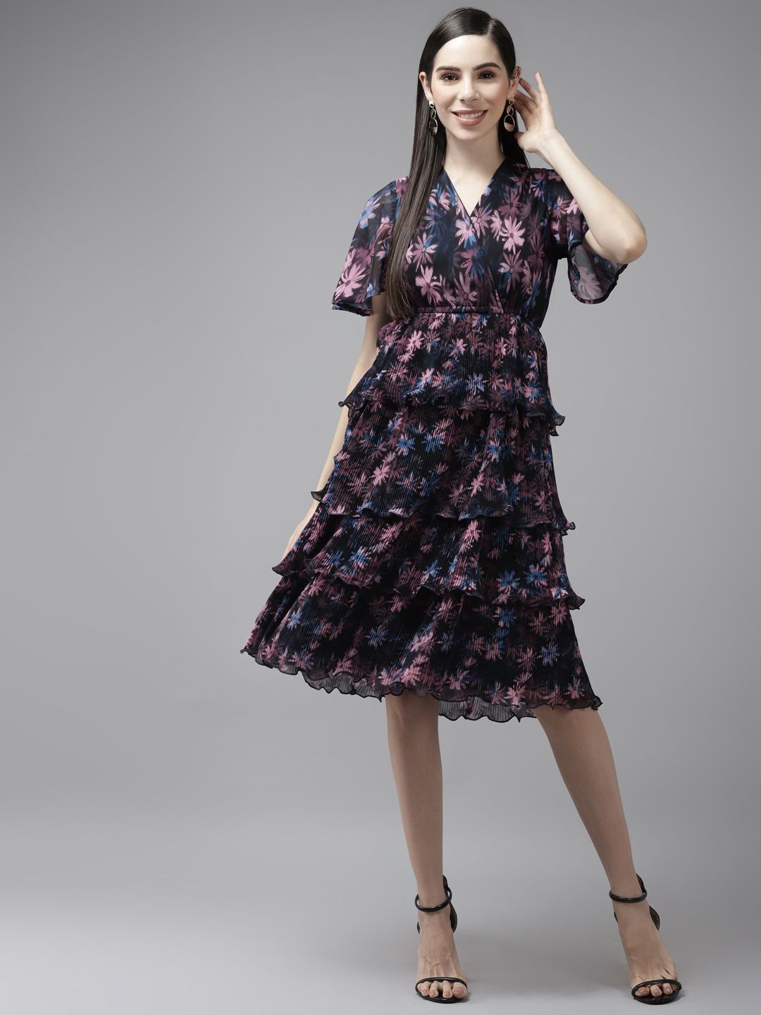 

The Roadster Lifestyle Co. Women Floral Printed V-Neck Layered Pleated Fit & Flare Dress, Black