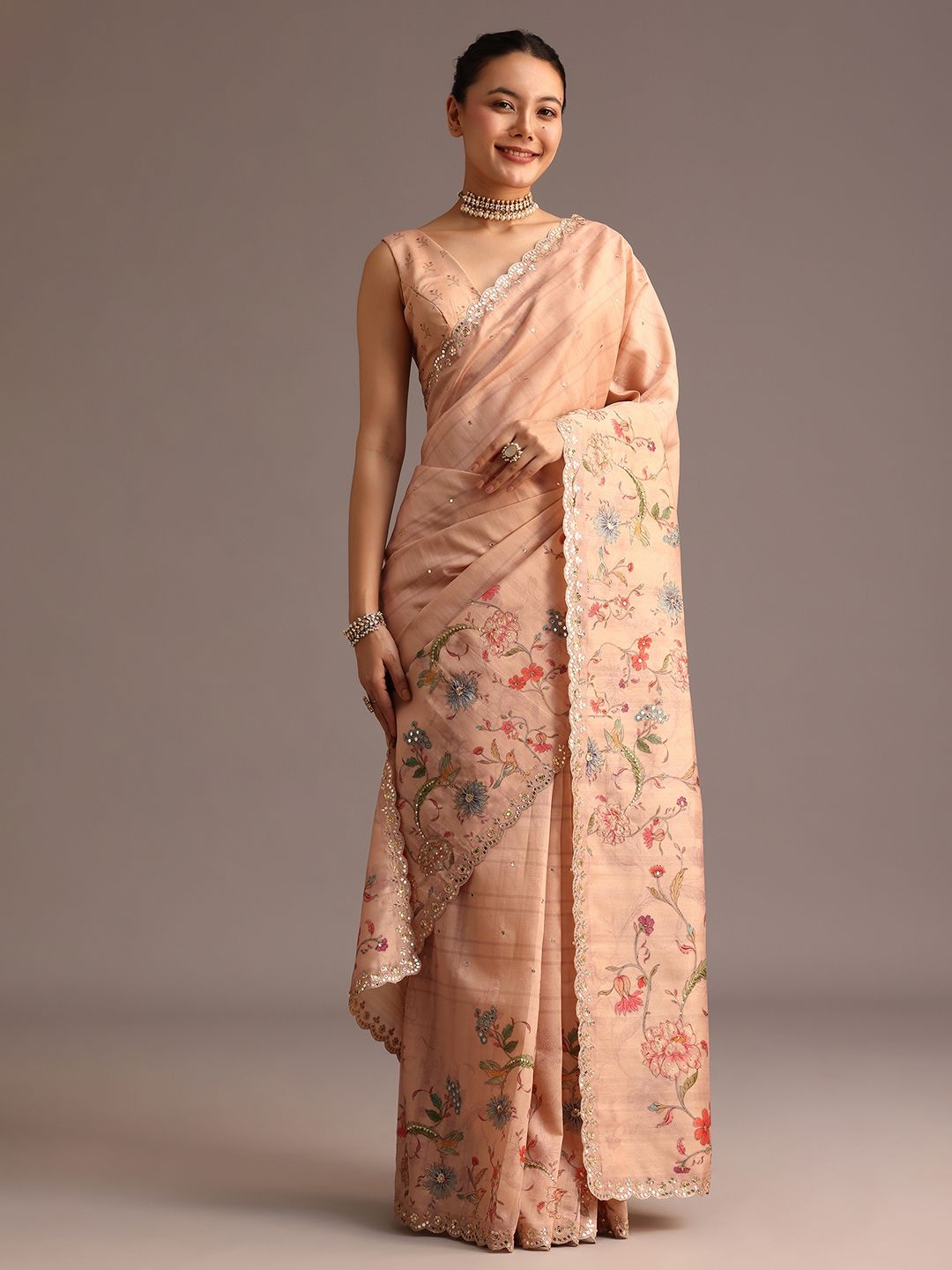 

KALKI Fashion Floral Sequinned Saree, Peach