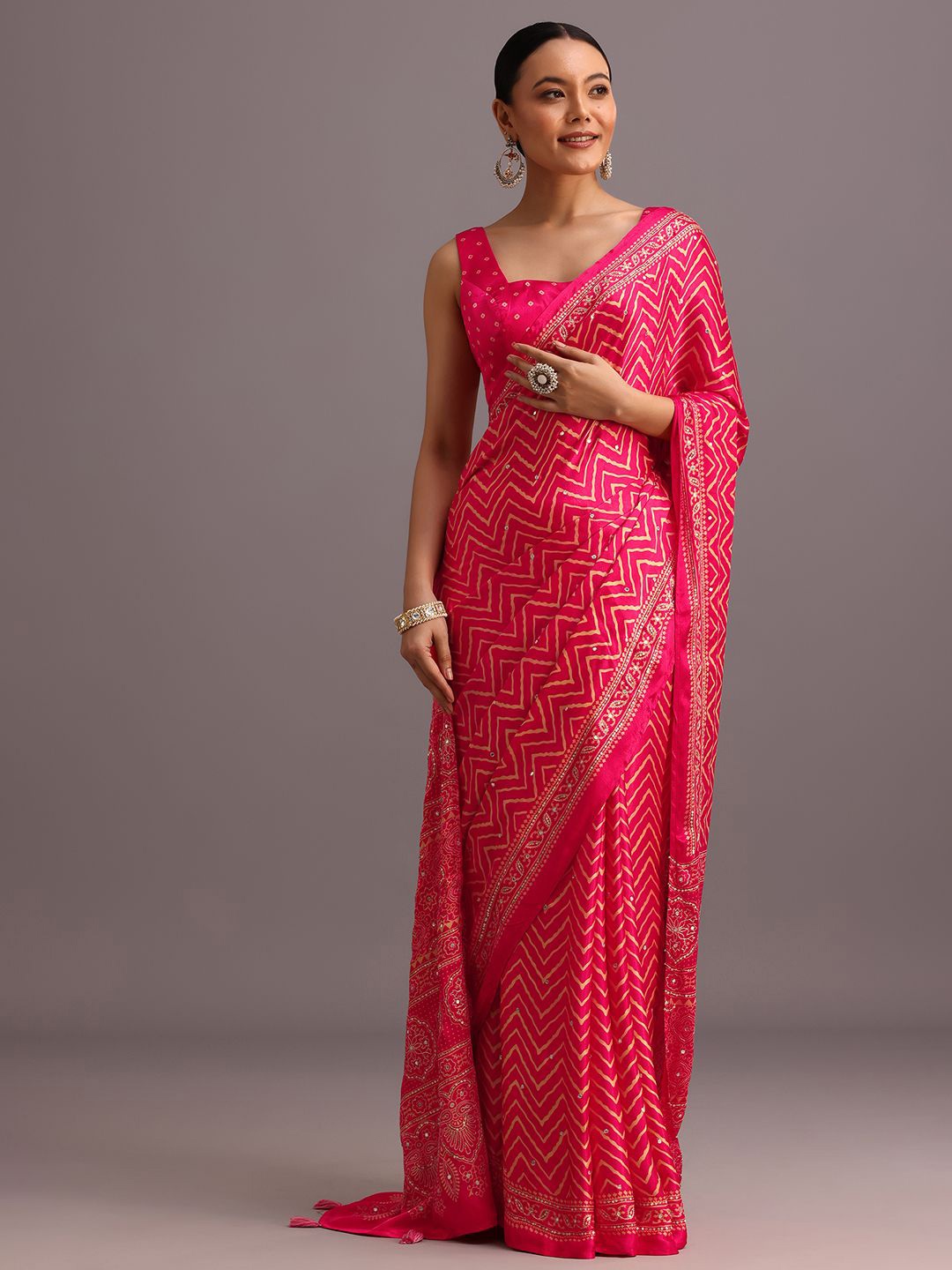 

KALKI Fashion Ajrak Printed Block Sequinned Saree, Pink