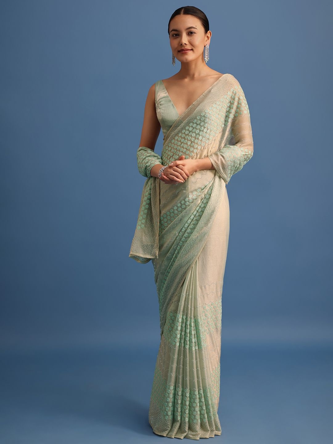 

KALKI Fashion Floral Embroidered Satin Saree, Green