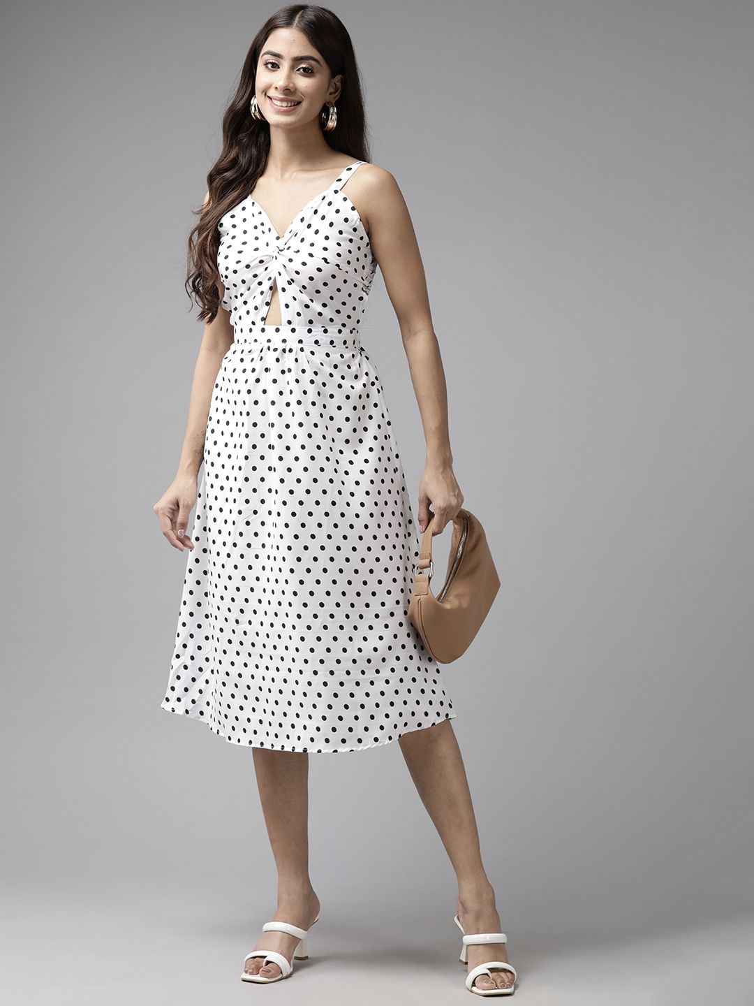 

The Roadster Lifestyle Co Women Polka Dots Printed Cut-Outs A-Line Midi Dress, White