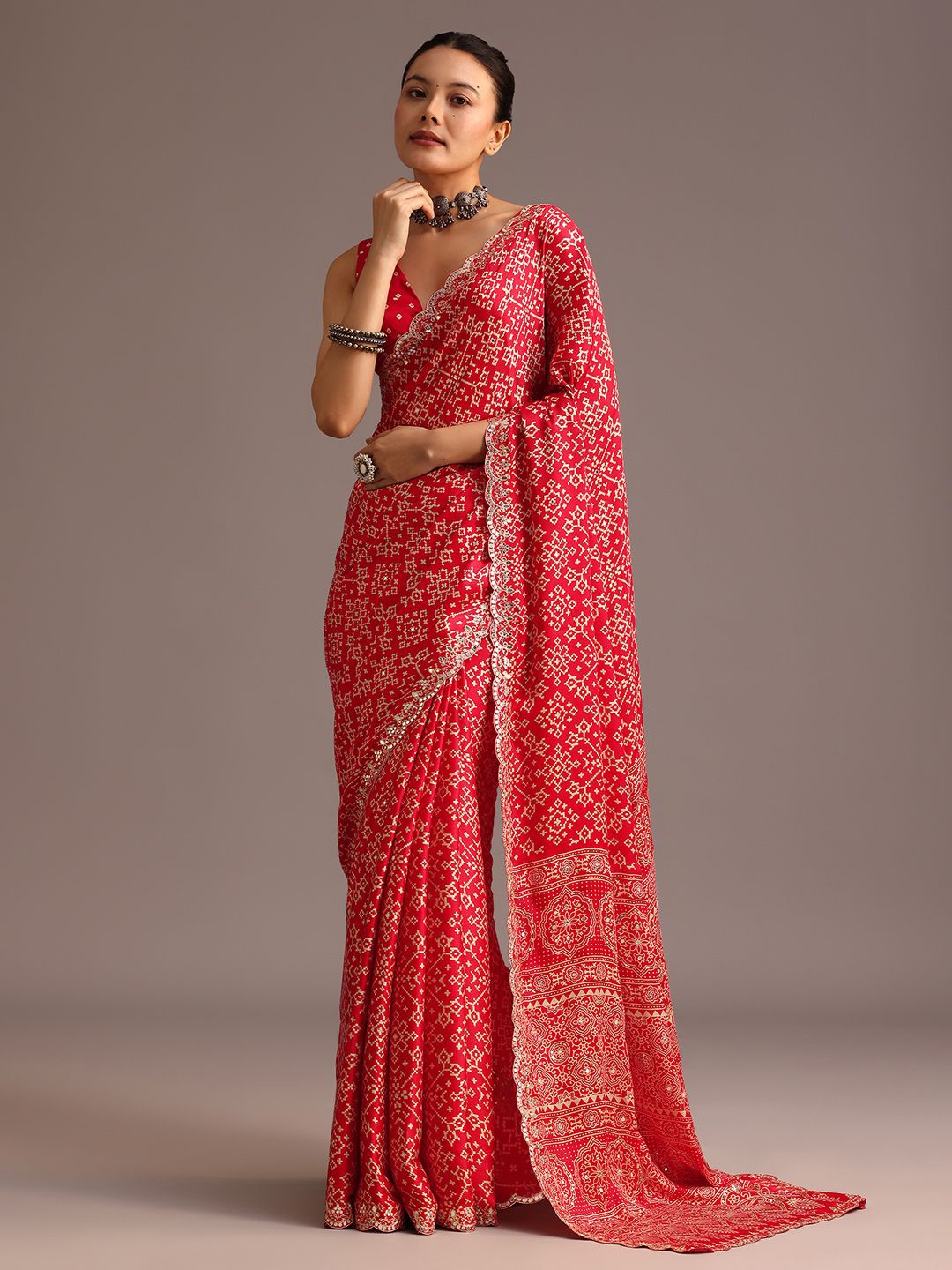 

KALKI Fashion Ajrak Block Printed Mirror Work Saree, Red
