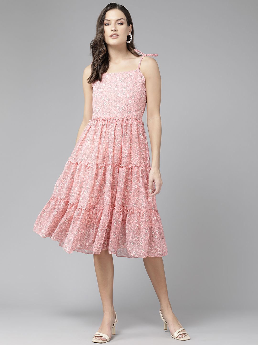 

The Roadster Lifestyle Co Floral Printed Sleeveless Tiered Fit & Flare Dress, Peach