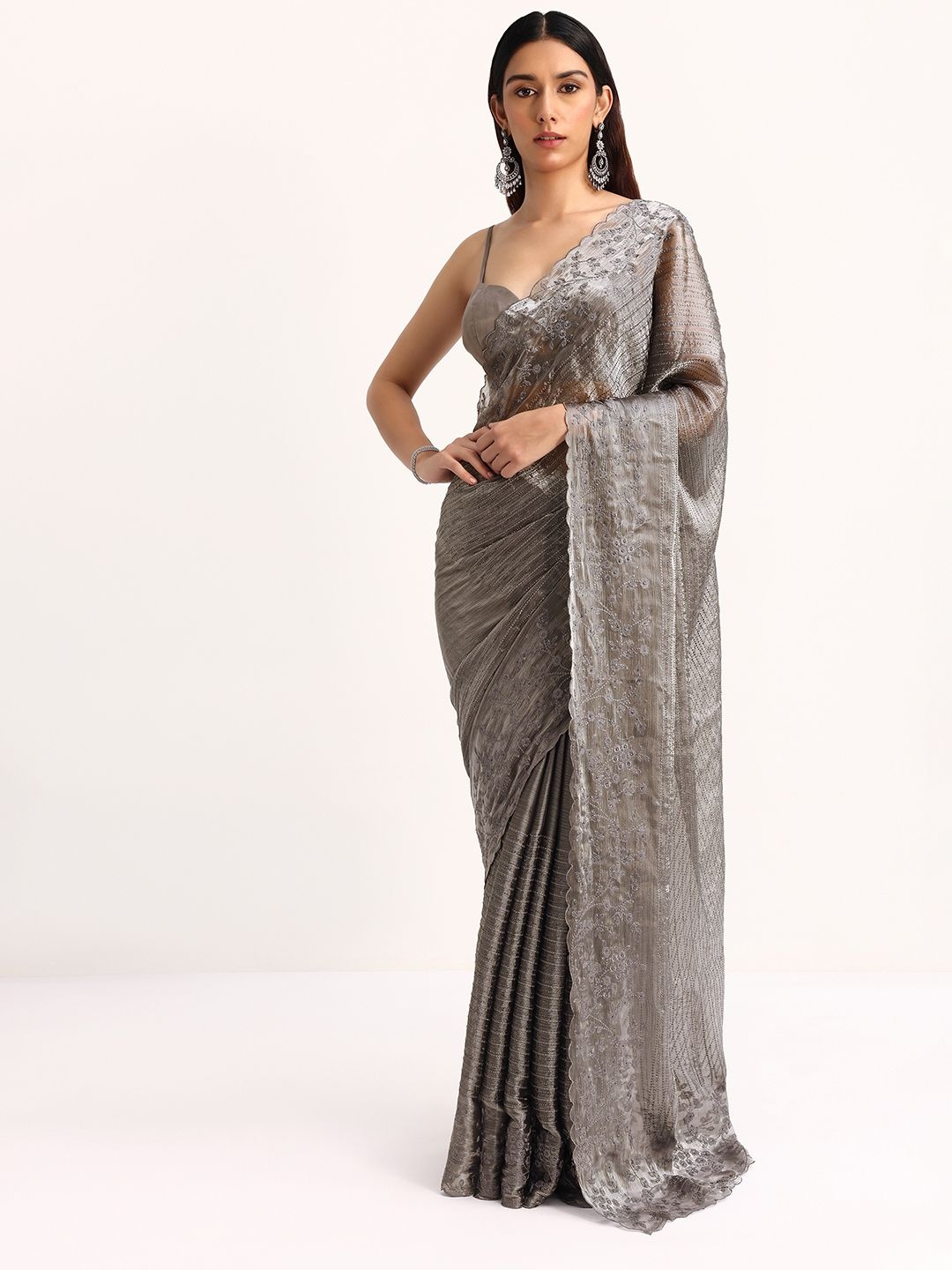 

KALKI Fashion Floral Embroidered Tissue Saree, Grey