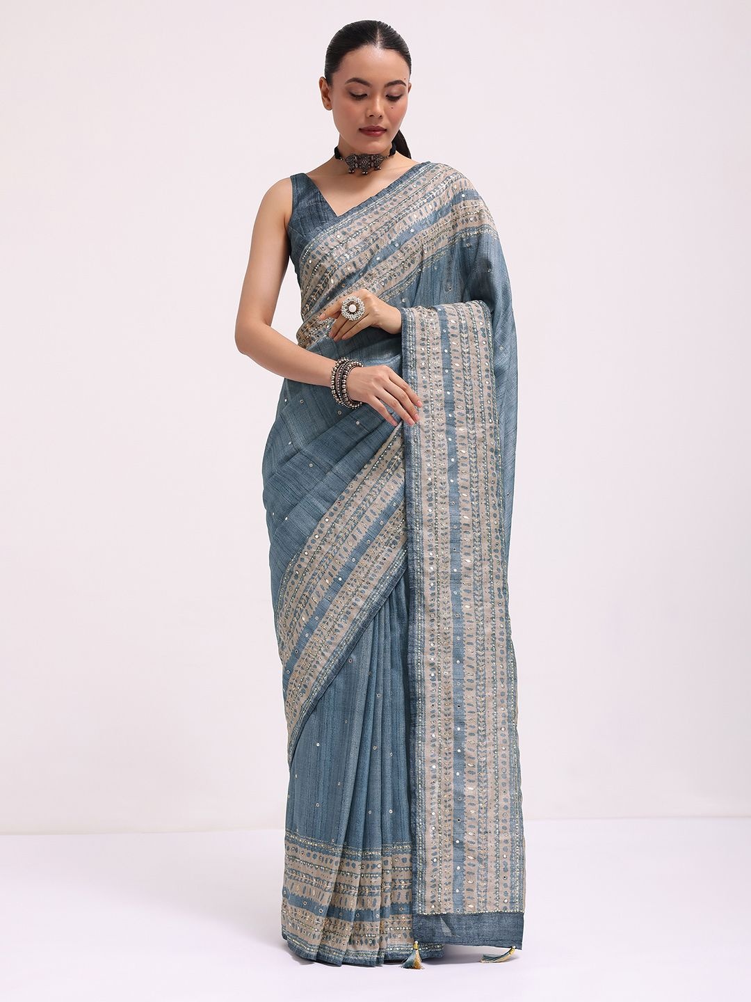 

KALKI Fashion Printed With Embroidered Sequinned Work Saree, Blue