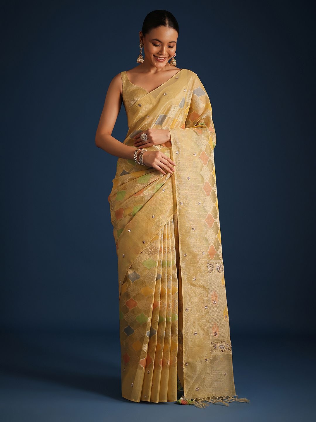 

KALKI Fashion Ethnic Motifs Beads and Stones Tissue Saree, Gold