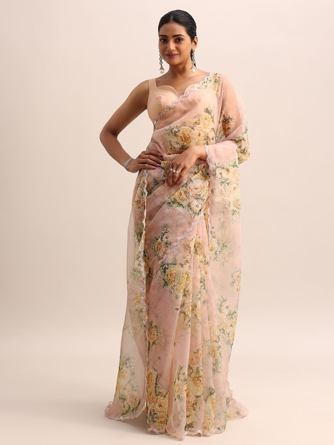 

KALKI Fashion Floral Printed Sequinned Organza Saree, Peach