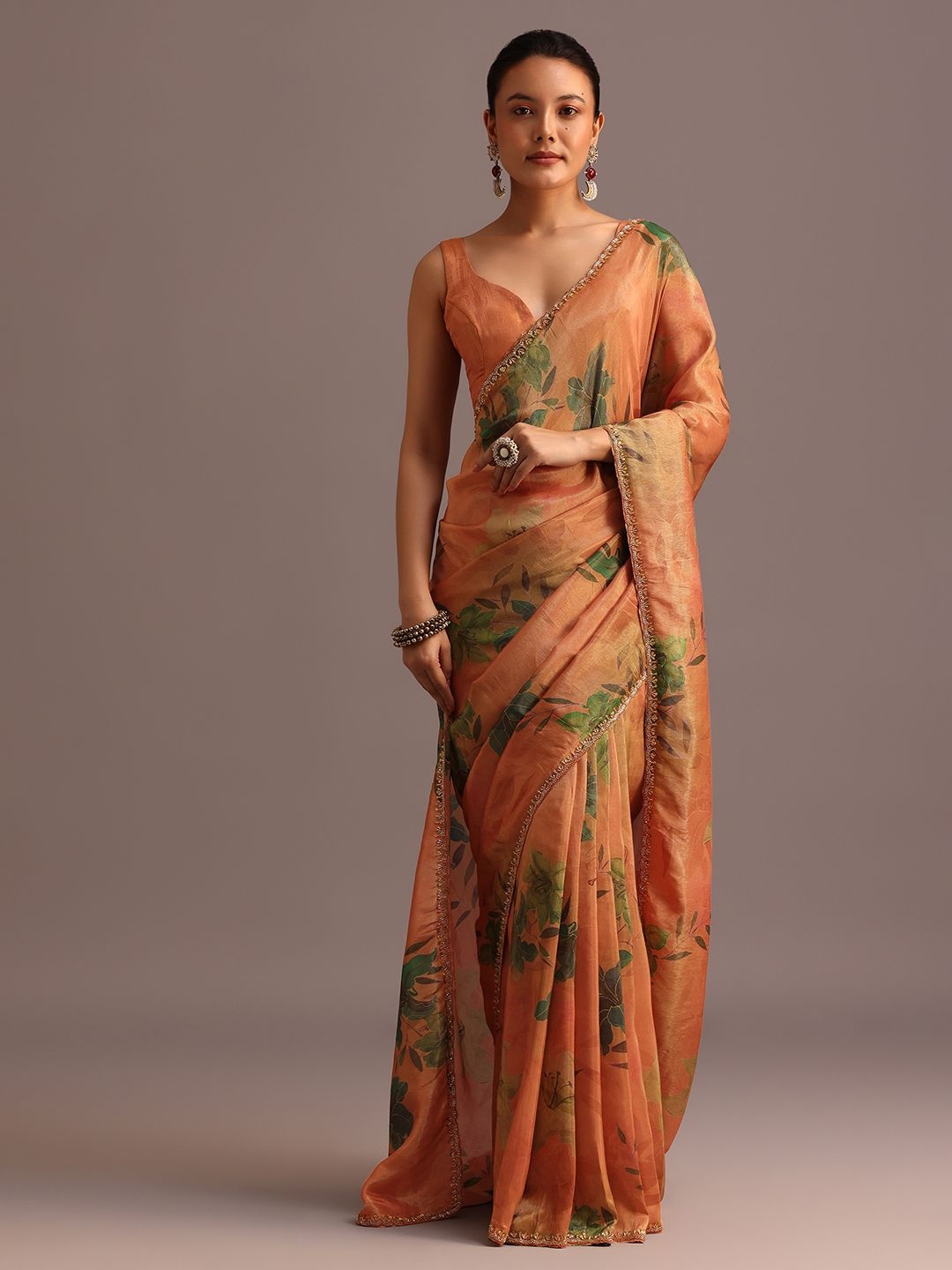 

KALKI Fashion Floral Beads and Stones Tissue Saree With Cutdana Embroidered Border, Brown