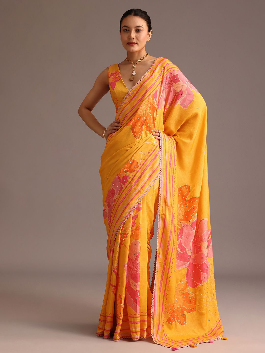 

KALKI Fashion Floral Printed Sequinned Embellished Saree, Yellow