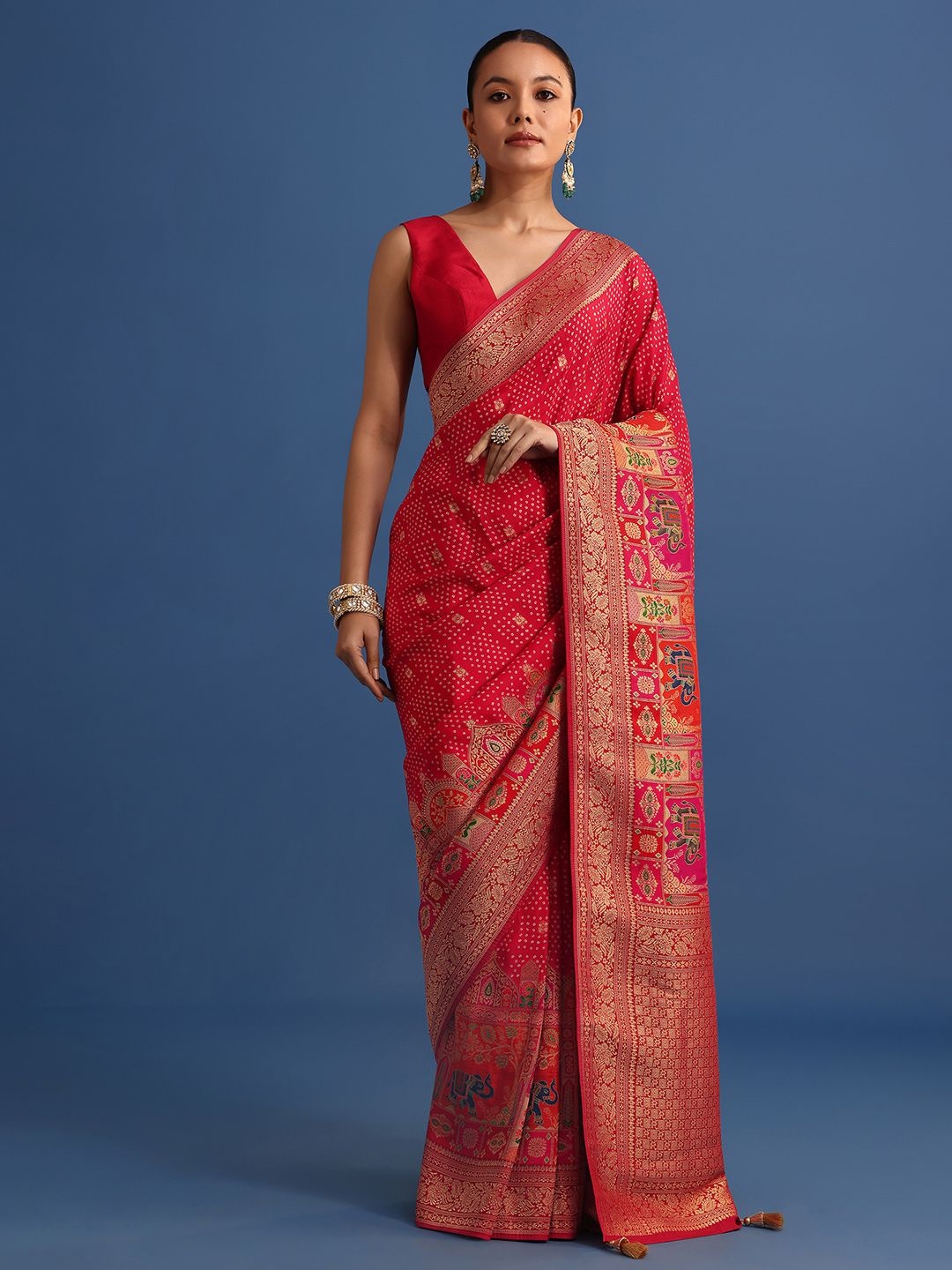 

KALKI Fashion Bandhani Printed Zari Saree, Red